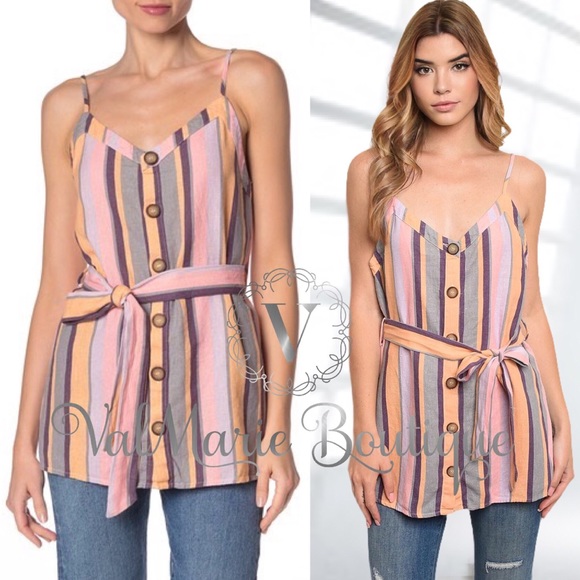 Multi striped linen button down cami tank - Picture 2 of 5
